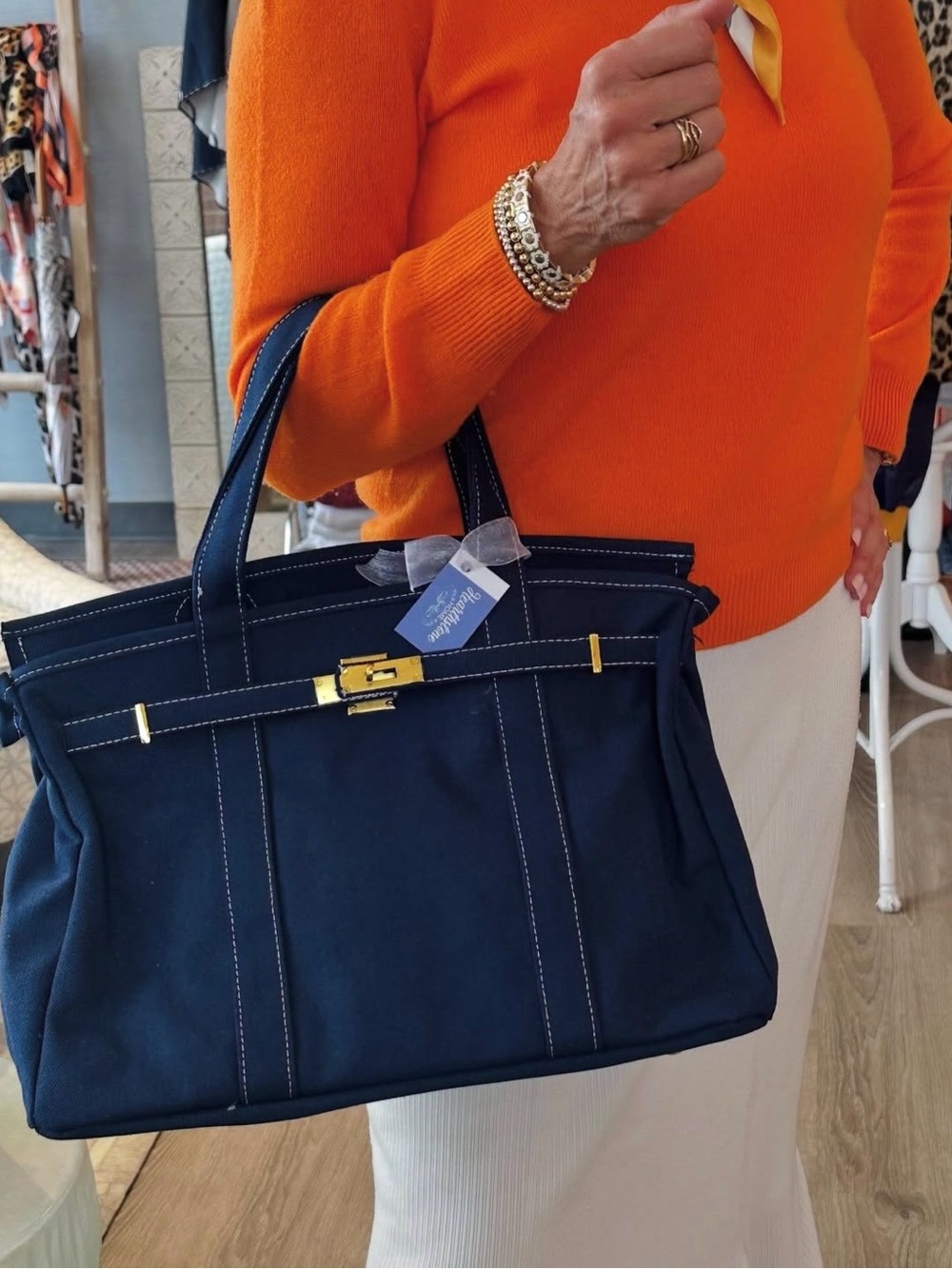 NEW Classic Dark Blue Canvas Birkin Tote Handbag with Gold Hardware